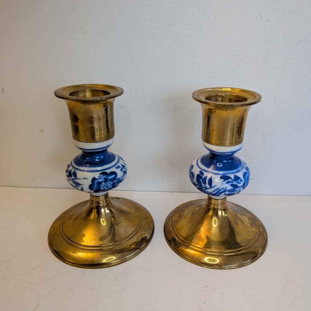 Vintage Brass and White & Blue  porcelain candle stick holders set of 2